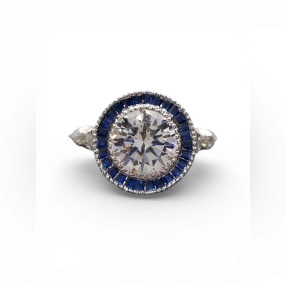 Art Deco 2.00 carat round cut moissanite ring, halo sapphire
